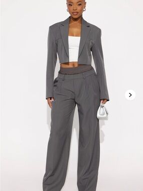 Gray Cropped Blazer with Wide-Leg Pants